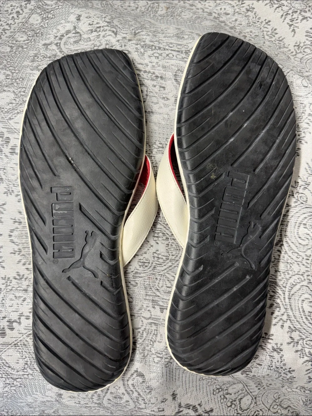 Puma White Flip Flops with Black Puma Print and Red Strap Accents - Size 12